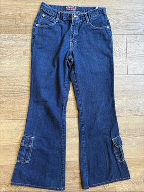 Vintage 90s Liquid X Dark Blue Flared Mid Rise Jeans w Cargo Ankle Pockets